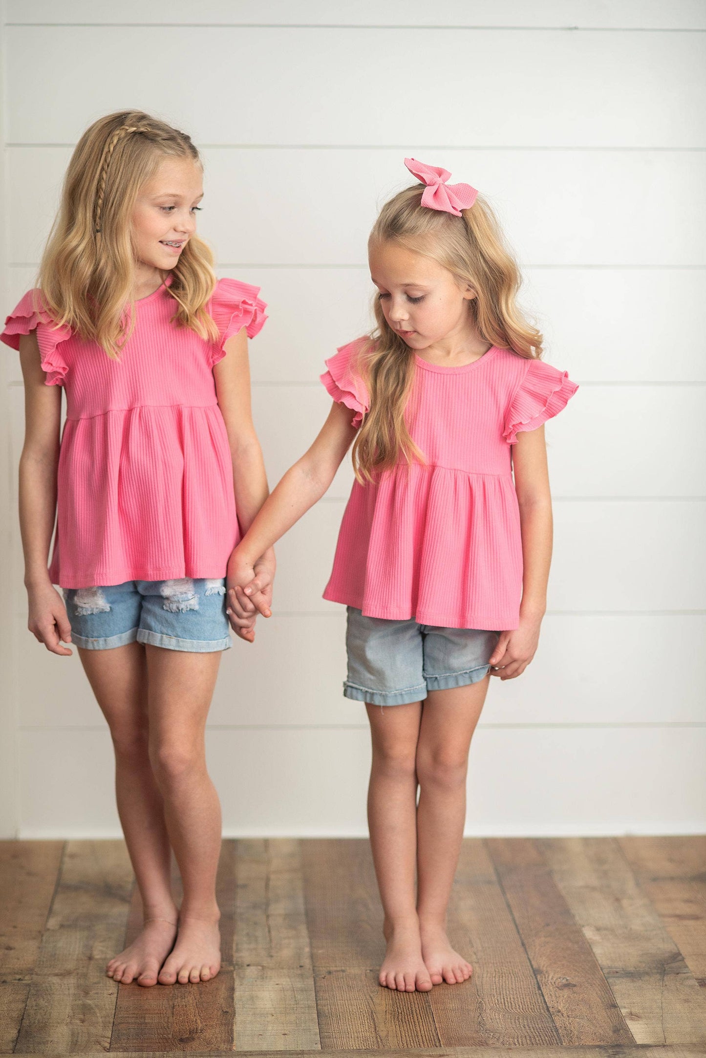Kids Bright Pink Double Ruffle Flutter Sleeve Spring Shirt