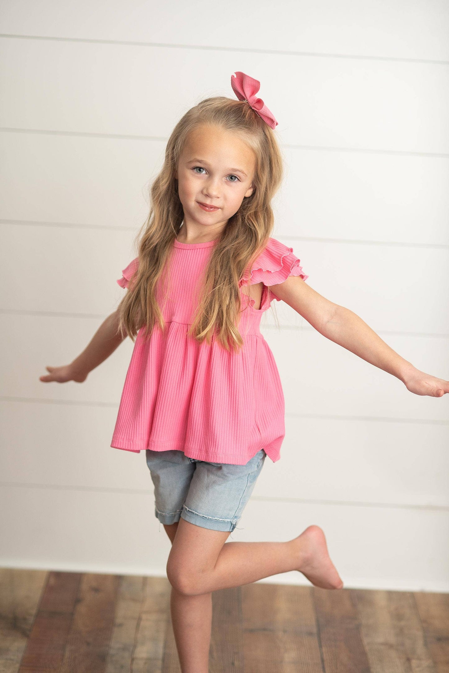 Kids Bright Pink Double Ruffle Flutter Sleeve Spring Shirt