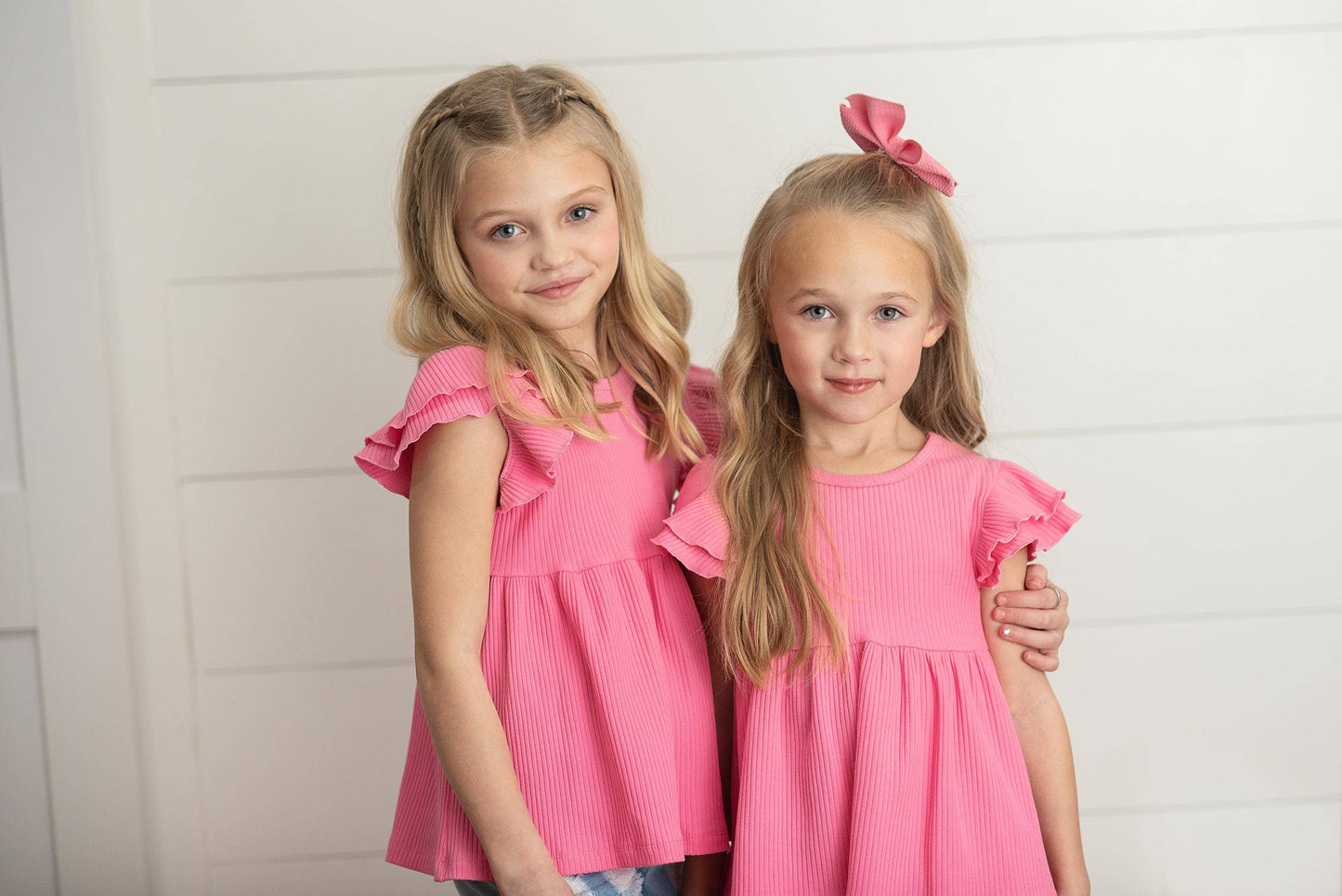 Kids Bright Pink Double Ruffle Flutter Sleeve Spring Shirt