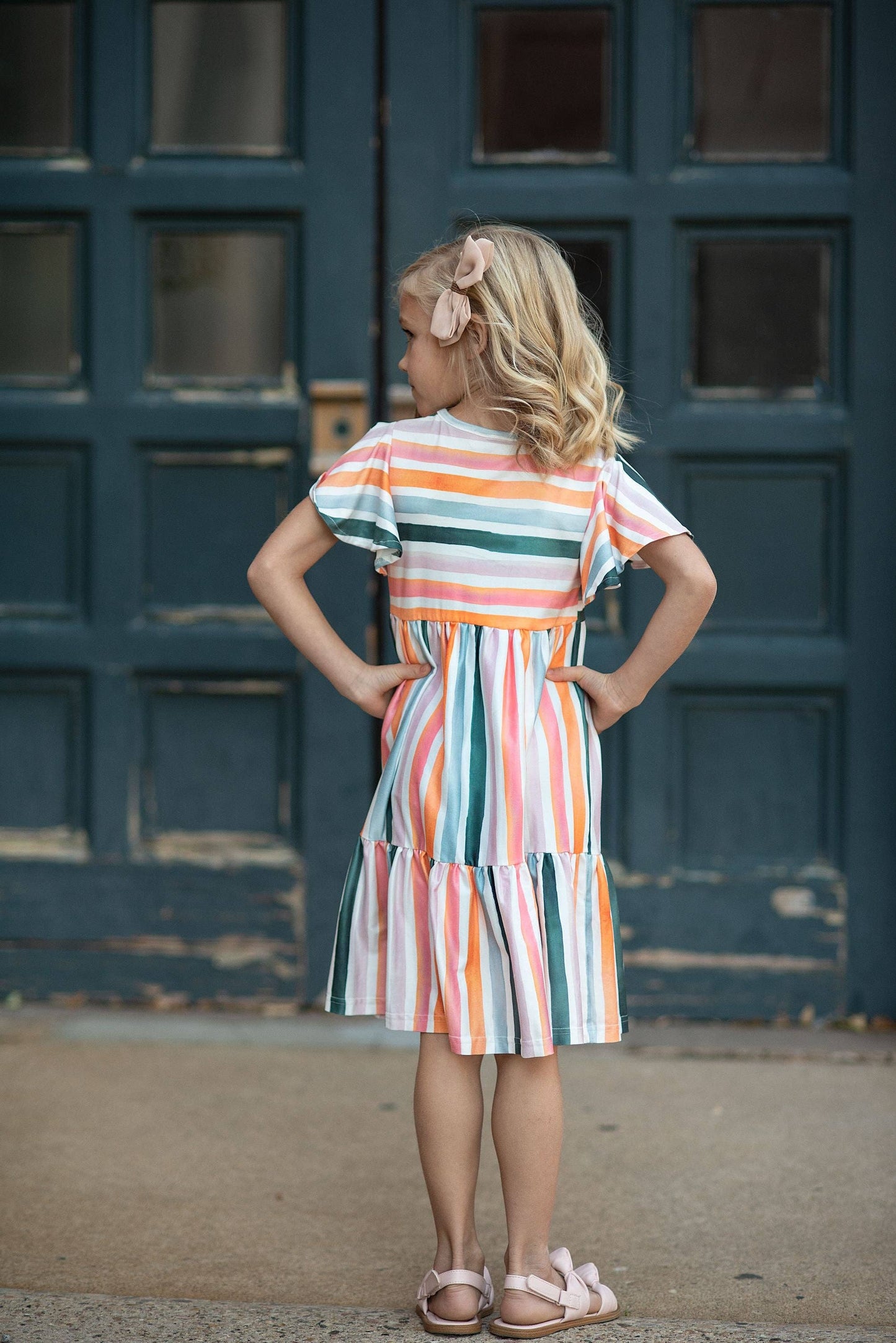 Kids Boho Rainbow Stripe Spring Easter Flutter Sleeve Dress 044