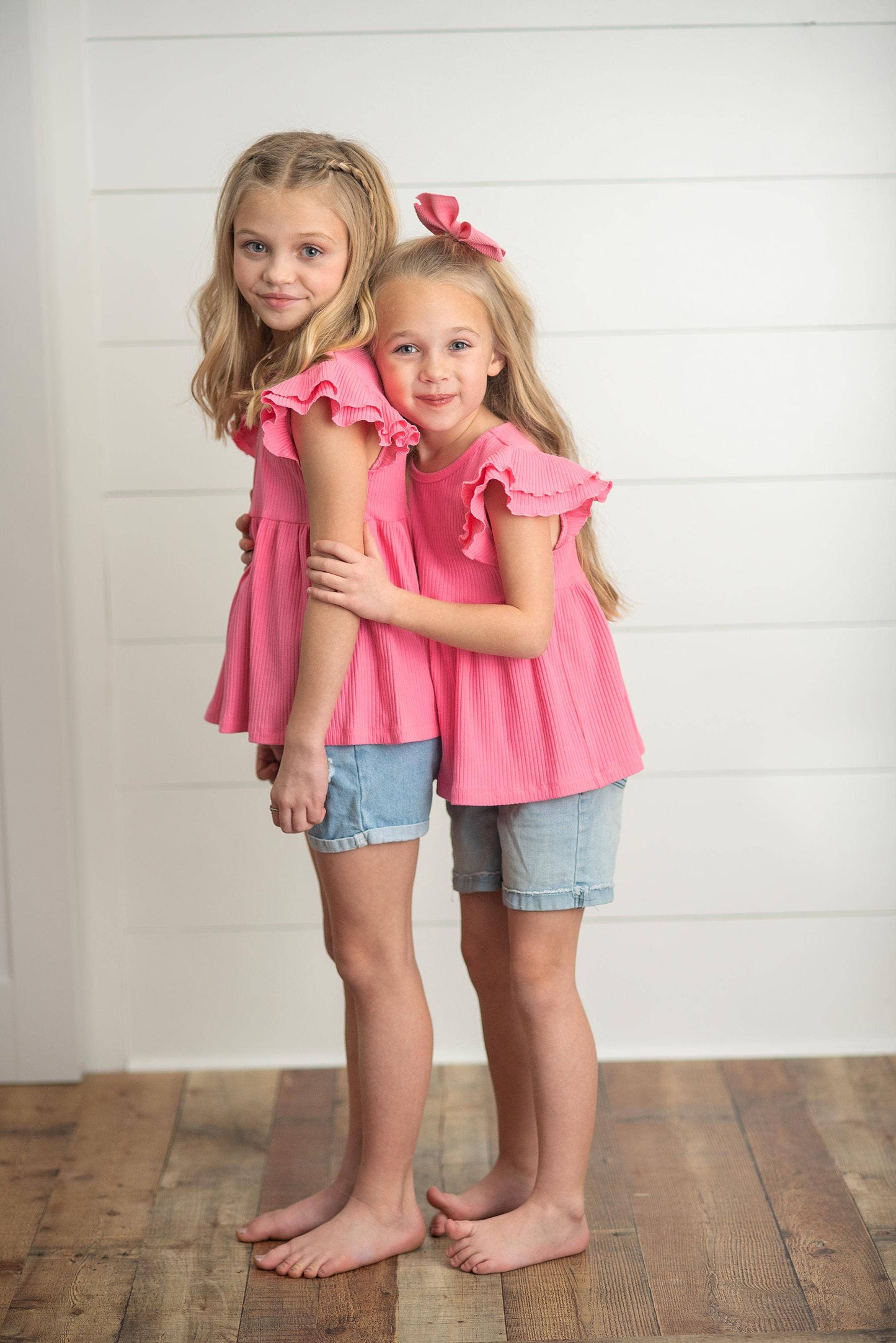 Kids Bright Pink Double Ruffle Flutter Sleeve Spring Shirt