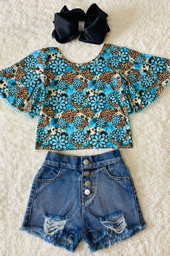 Leopard & Floral Turquoise Bell sleeve Top 013