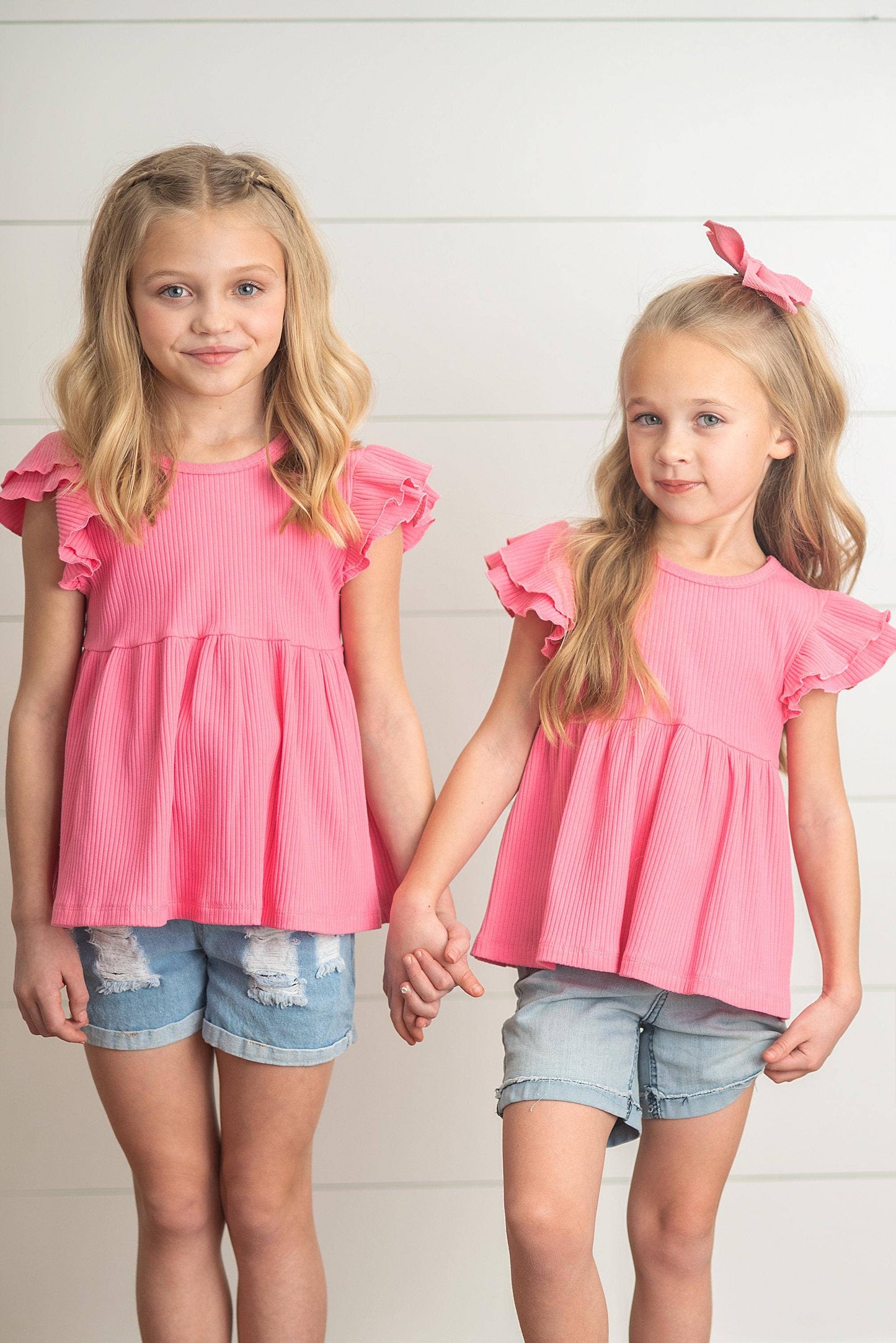 Kids Bright Pink Double Ruffle Flutter Sleeve Spring Shirt