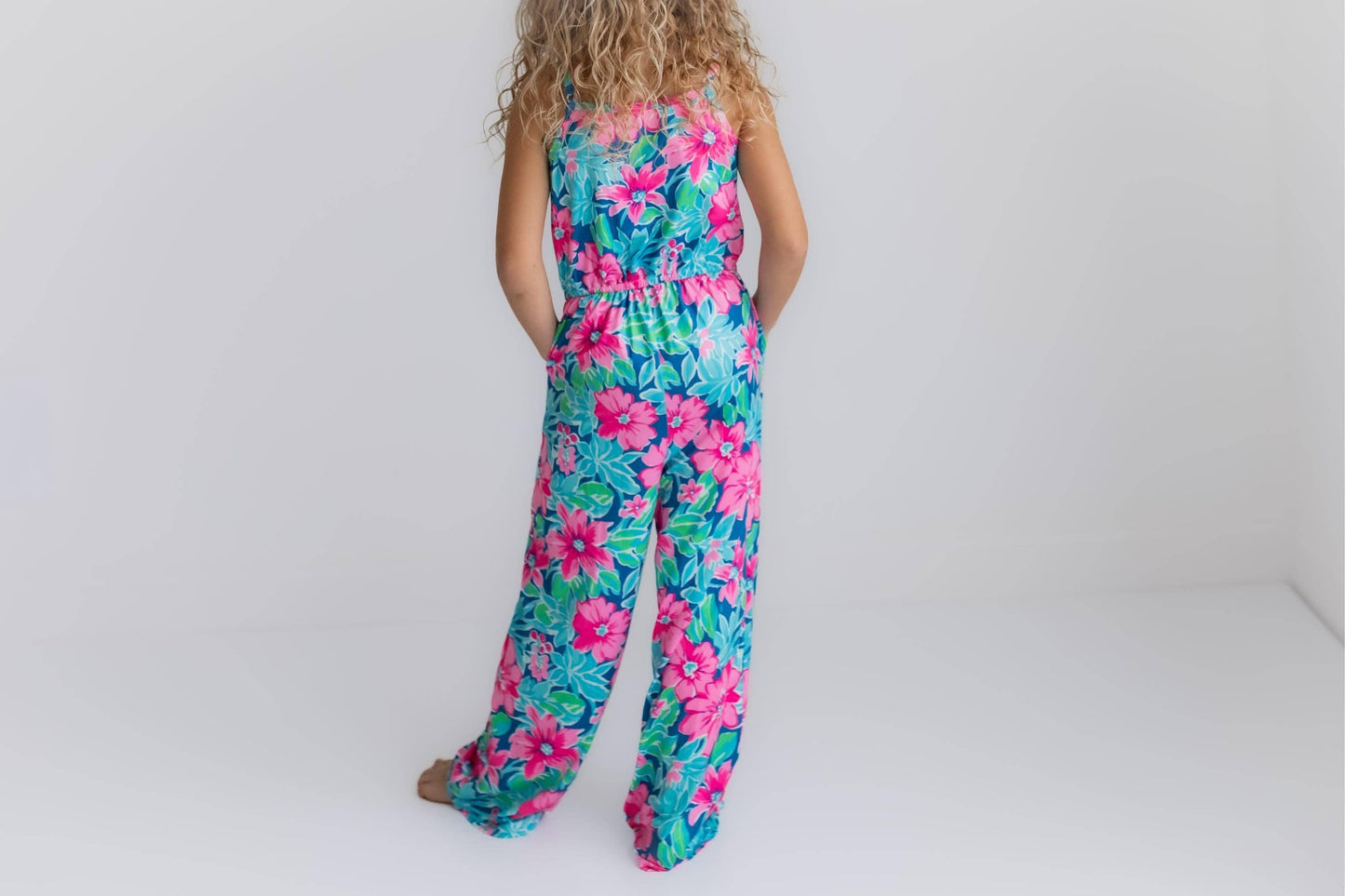 Kids Bright PinkTropical Spring Summer Jumpsuit With Pockets