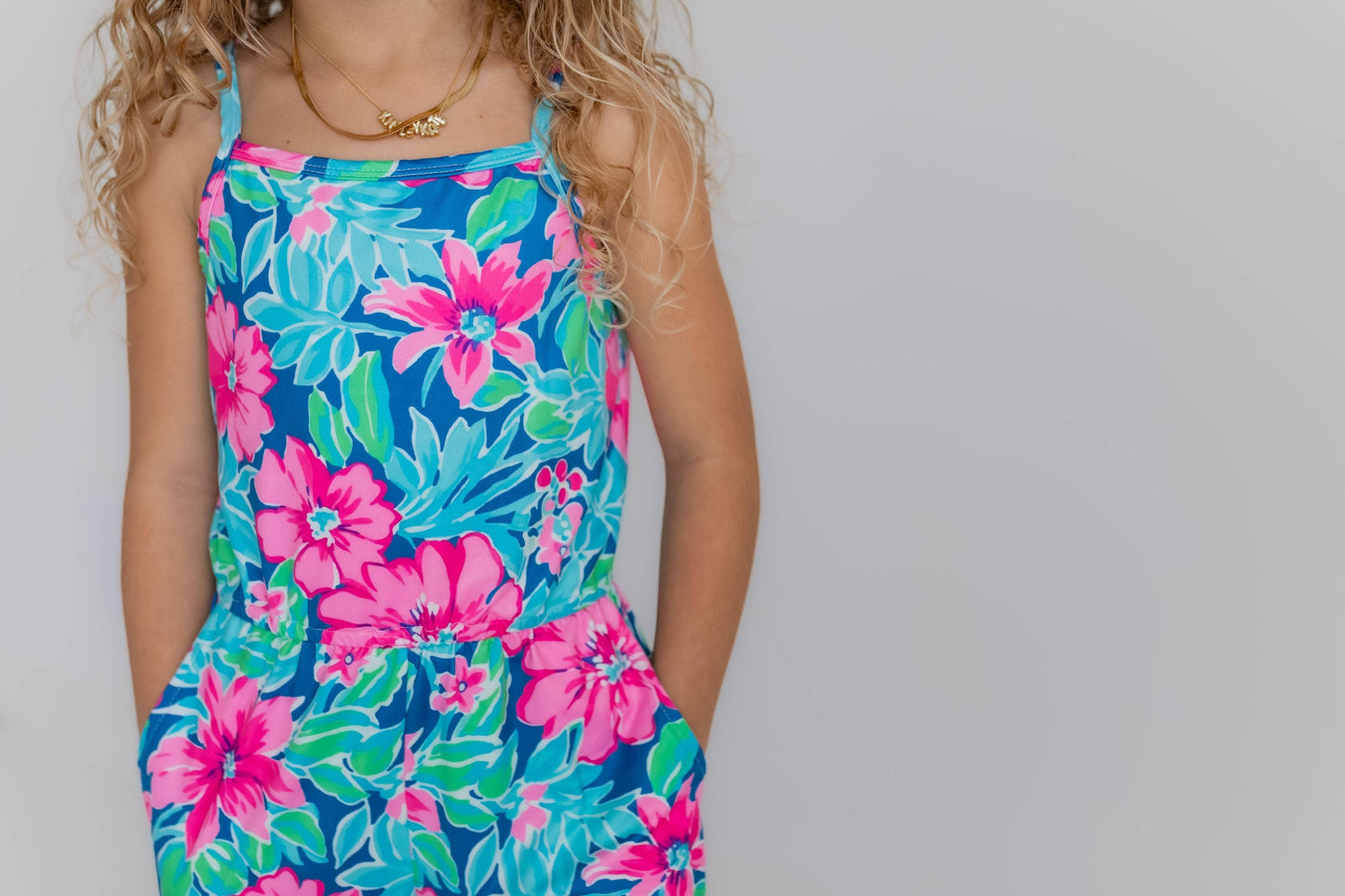 Kids Bright PinkTropical Spring Summer Jumpsuit With Pockets