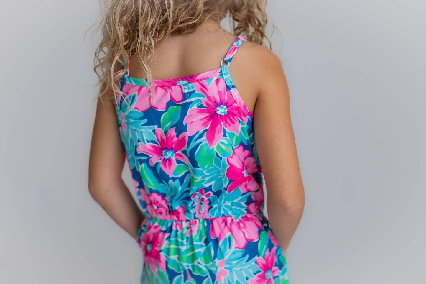 Kids Bright PinkTropical Spring Summer Jumpsuit With Pockets