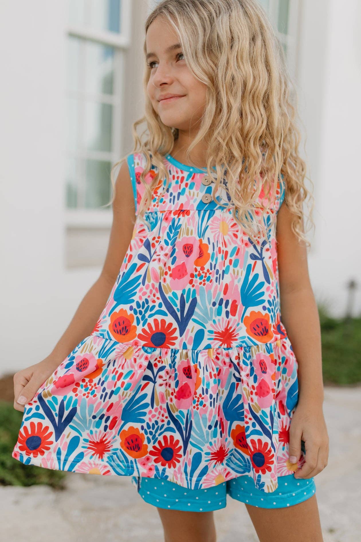 Girls Bright Pink & Blue Wild Floral Spring Summer Short Set 012