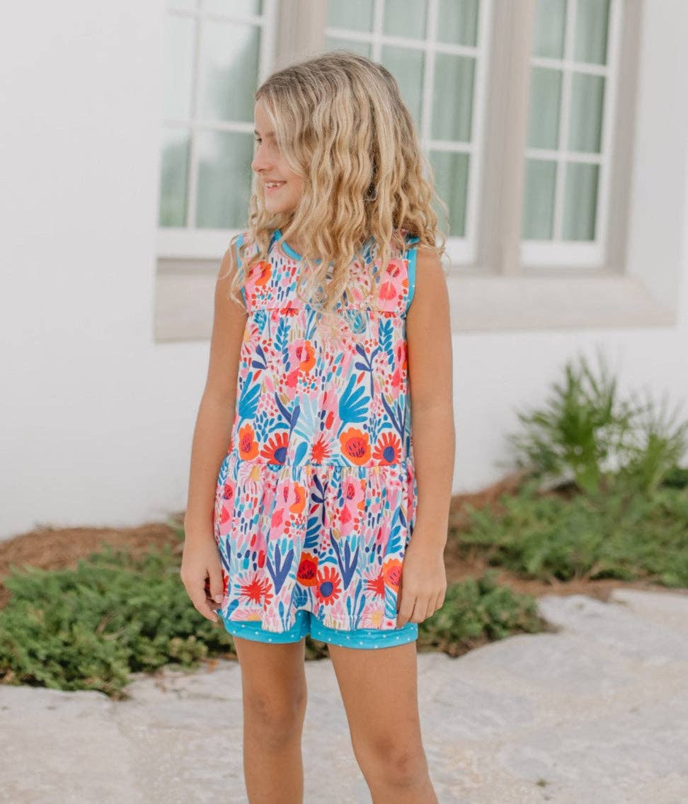 Girls Bright Pink & Blue Wild Floral Spring Summer Short Set 012