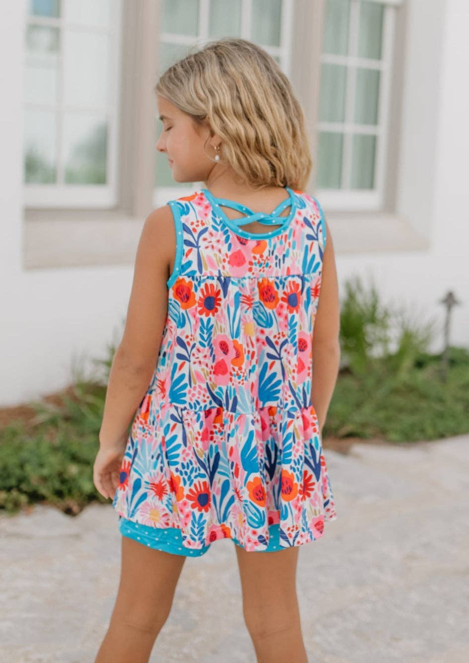 Girls Bright Pink & Blue Wild Floral Spring Summer Short Set 012