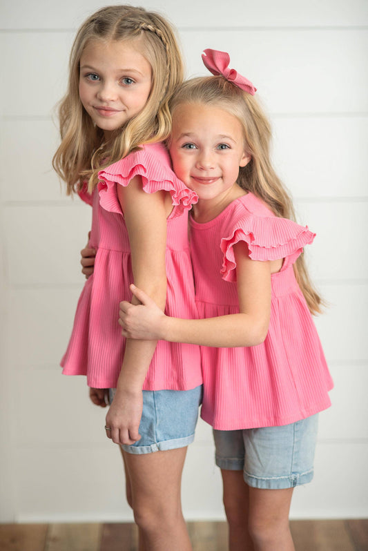 Kids Bright Pink Double Ruffle Flutter Sleeve Spring Shirt