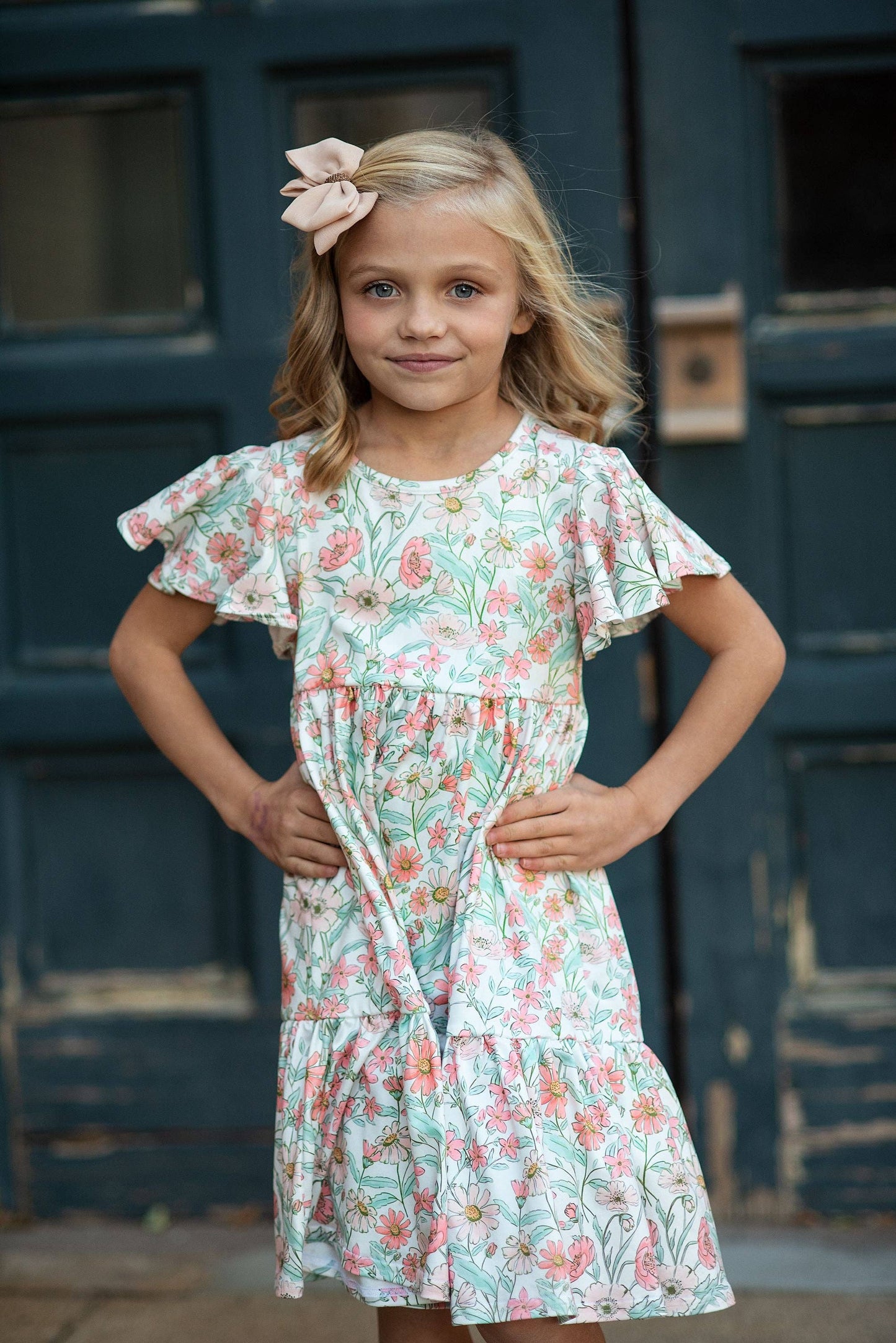 Kids Vintage Beige Floral Spring Easter Flutter Sleeve Dress
